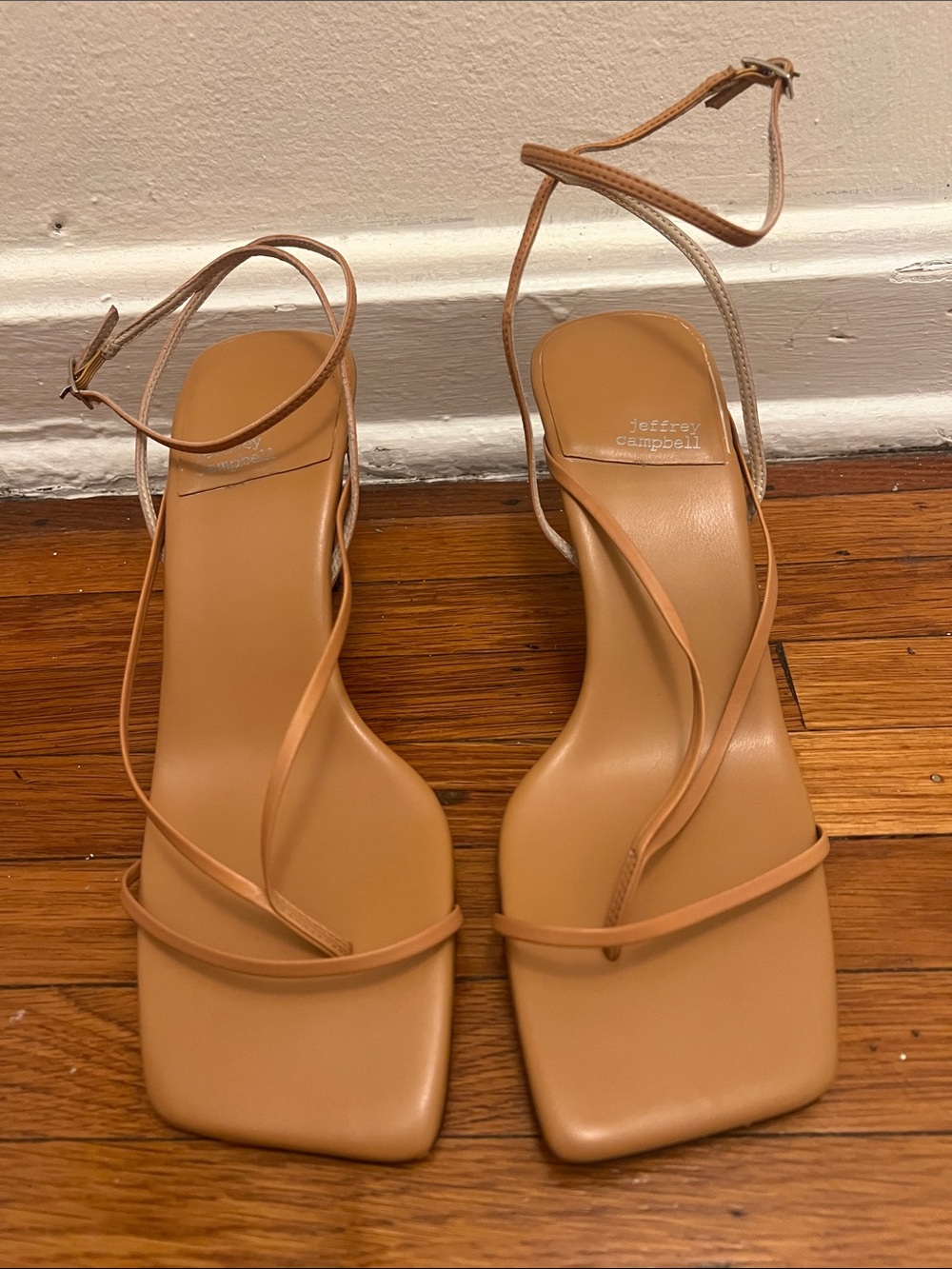 Jeffrey Campbell Nude Tan Strappy Square-Toe Heels